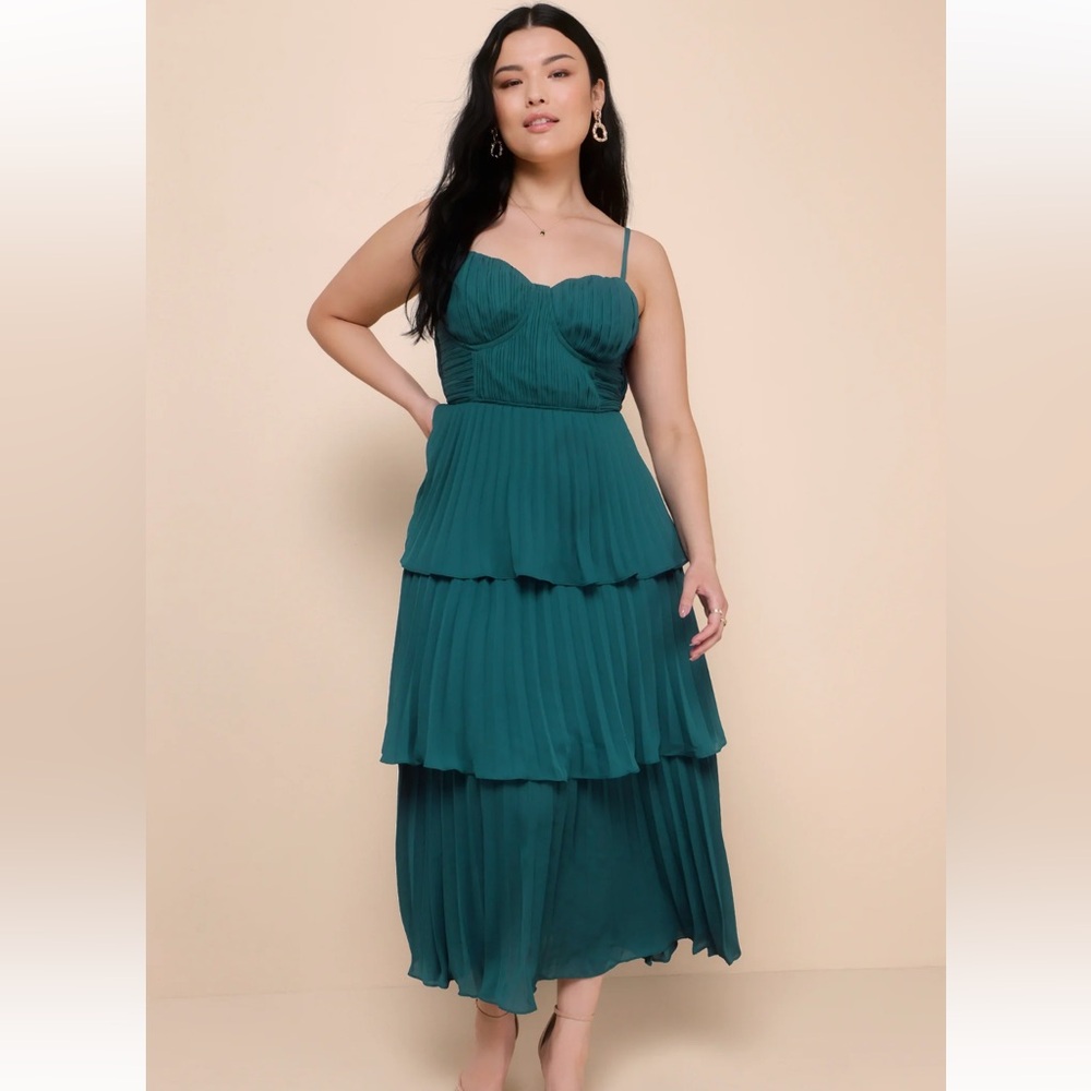 Lulus Cascading Crush Emerald Tiered Bustier Midi Dress - Picture 6 of 9